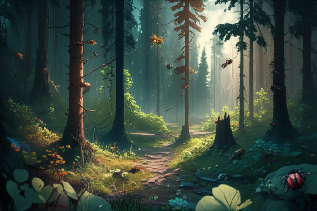 A surreal digital illustration of a boreal forest landscape, showcasing the interplay of clear-cut areas, mature trees, and diverse undergrowth, highlighting the impact on biodiversity and ecosystem recovery.