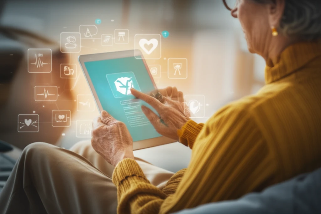 A senior using a patient portal on a tablet, representing digital health and accessible healthcare for older adults.