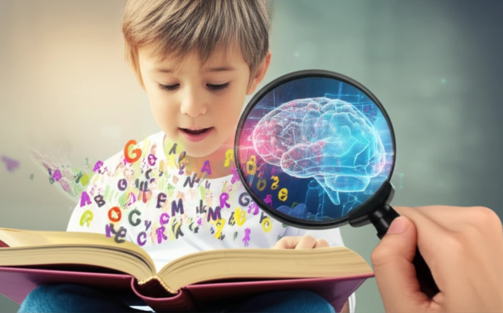 A child reading with floating words, symbolizing reading and cognitive skills.
