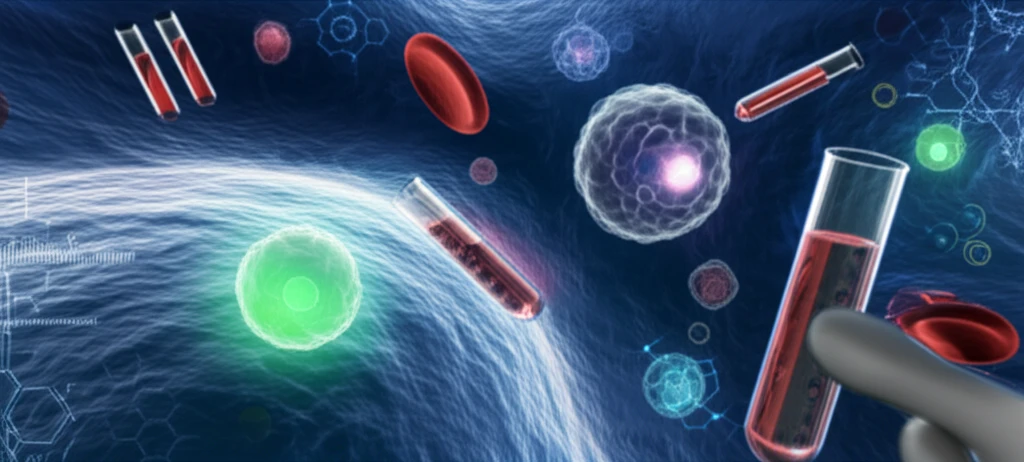 Illustration of healthy and affected alveoli, with blood test symbols, symbolizing pulmonary alveolar proteinosis diagnosis