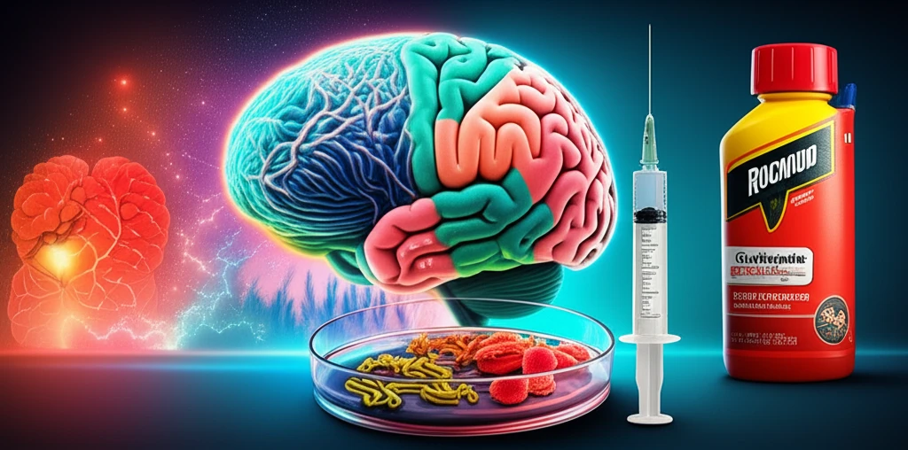 Collage of health symbols: a brain, glyphosate bottle, petri dish with bacteria, and a syringe, representing dementia, glyphosate, superbugs, and vaccinations.