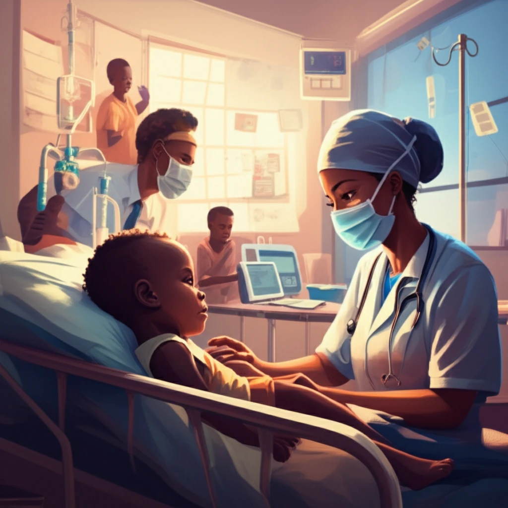 Illustration of a child with spina bifida receiving care in Uganda, symbolizing hope and support.
