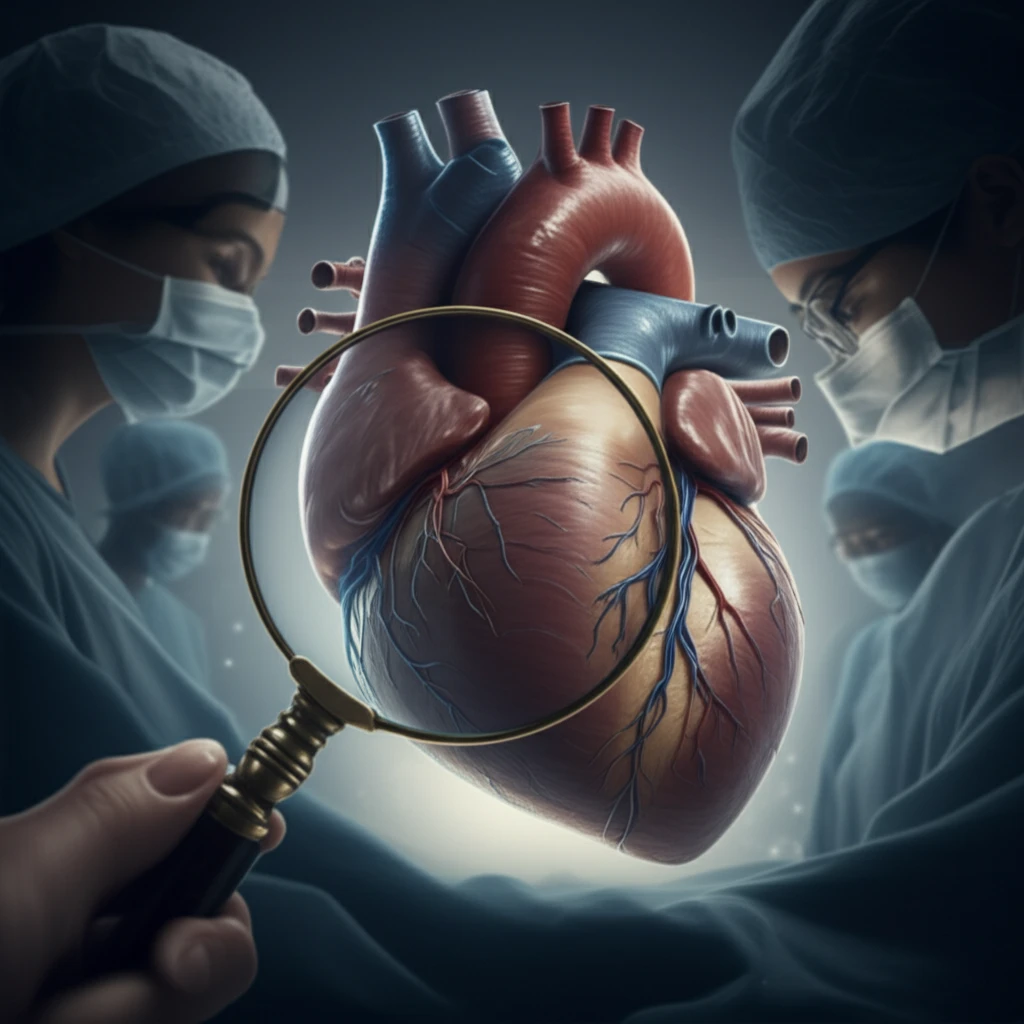 Illustration of a heart being examined, with different ethnicities in the background, symbolizing research in heart health.
