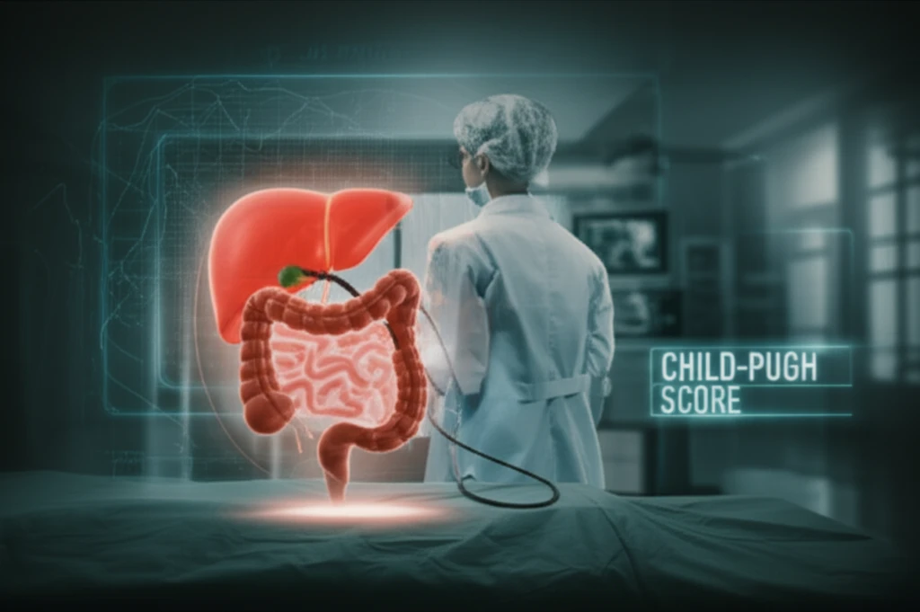 Illustration of a colonoscopy procedure with the liver and Child-Pugh score highlighted, representing patient care and medical advancement.