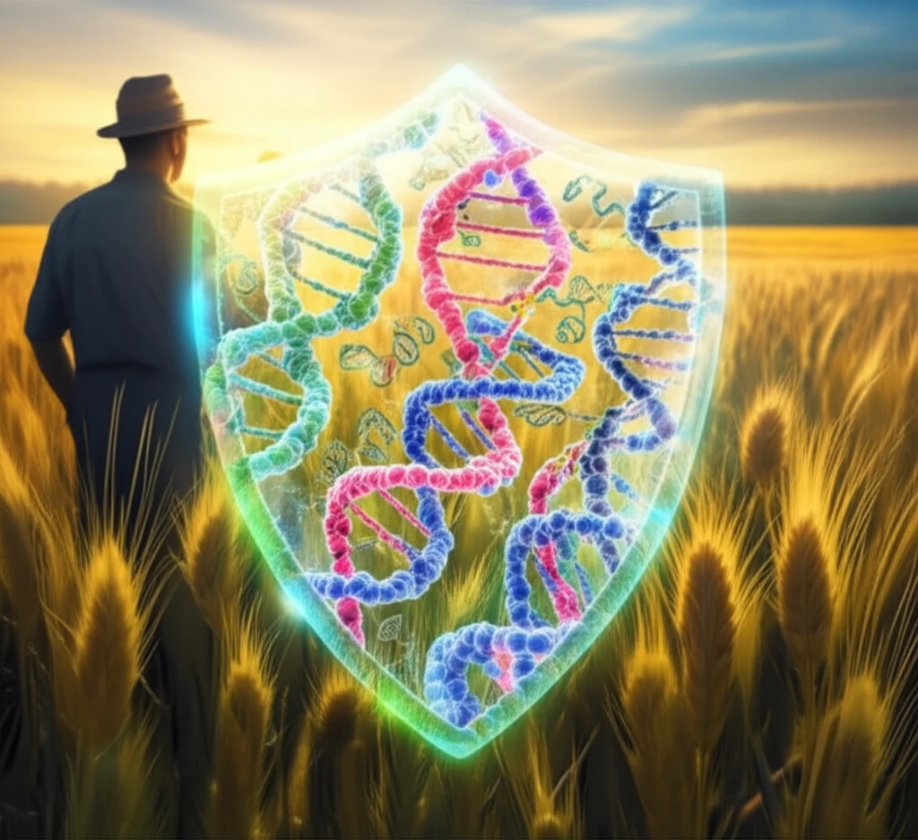 A digital illustration depicting a field of wheat protected by a glowing shield of RNA molecules, symbolizing the future of crop protection.