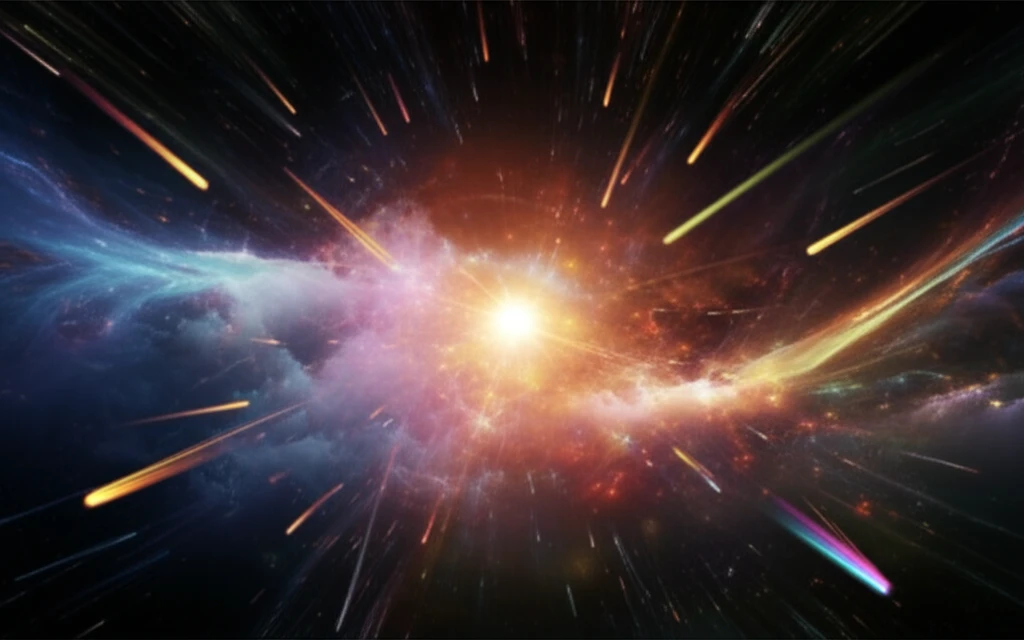 Abstract digital art representing a heavy ion collision, with swirling galaxies, colliding particles, and energy trails.