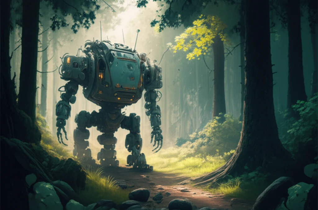 An industrial-sized autonomous robot navigating a forest trail.