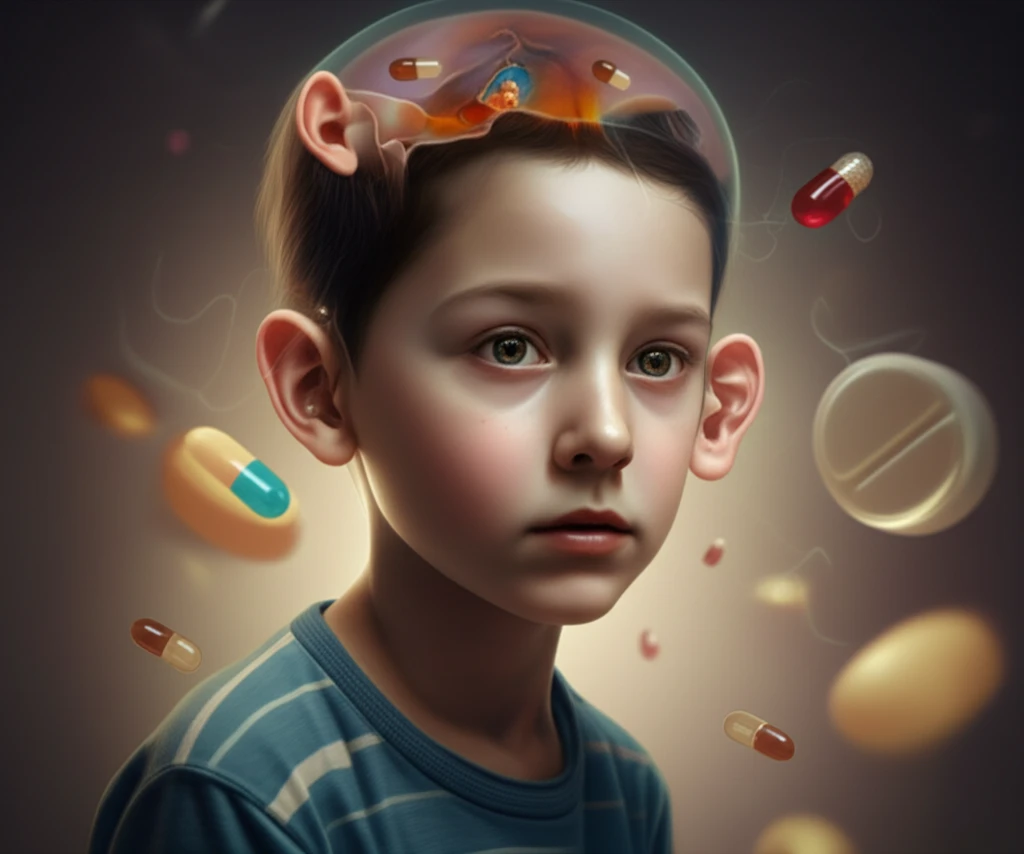 Digital illustration of a young boy experiencing hallucinations caused by amoxicillin, highlighting auditory and visual distortions.