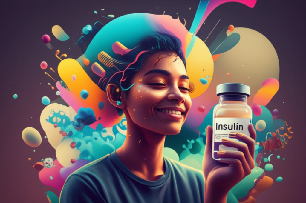 A digital illustration showing a person with type 2 diabetes, surrounded by abstract shapes and a vial of insulin