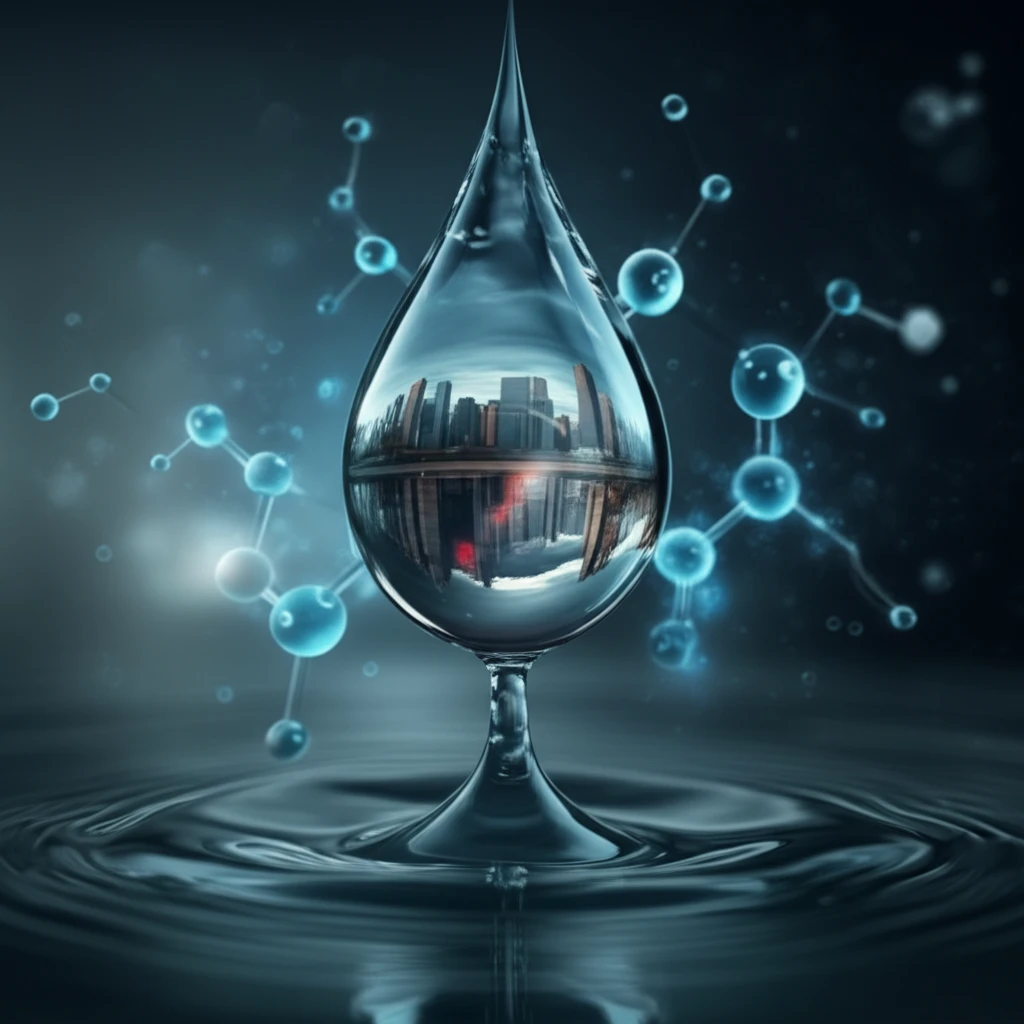 Illustration of a water droplet reflecting a cityscape, symbolizing water quality and advanced chemistry.