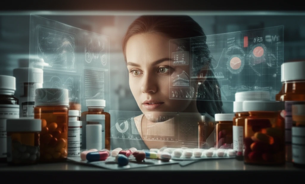 A woman looking at various colorful pills in a medicine cabinet, the pills are NSAIDs. The scene is soft and inviting, with transparent data visualizations overlayed.