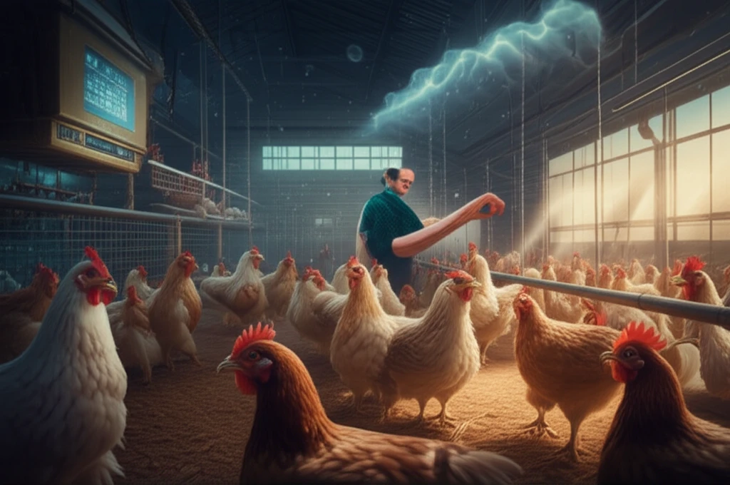 Illustration of a poultry farm with good air quality and healthy chickens.