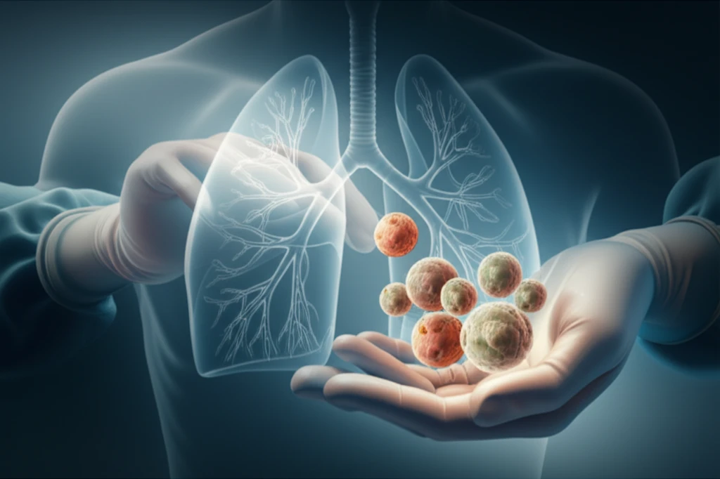 Surreal digital illustration of a surgeon's hands holding lymph nodes representing cancer treatment choices.