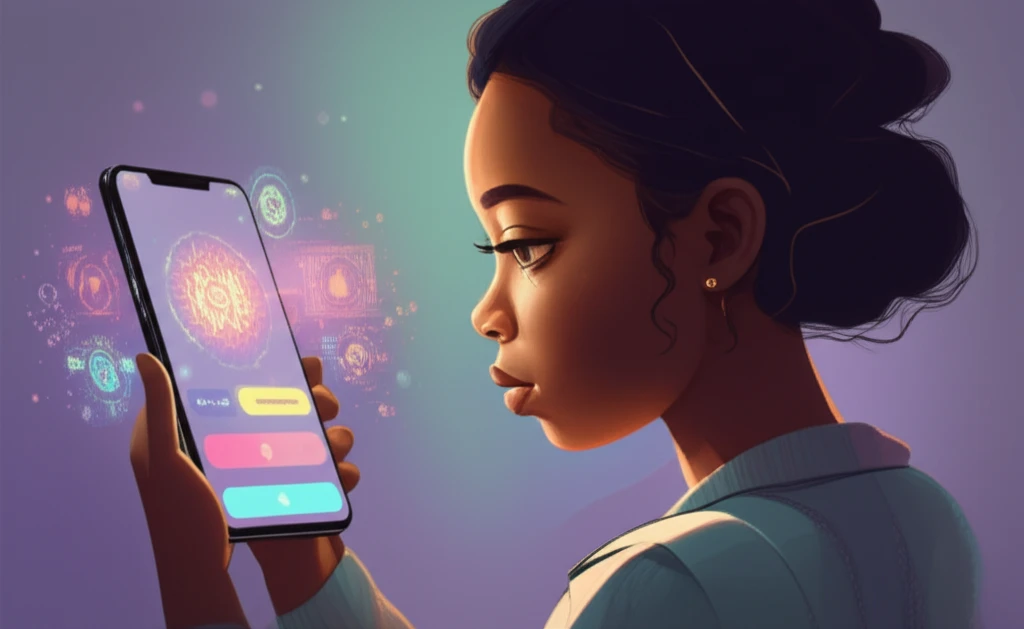 Illustration of a smartphone app for mental health, showing a user interface with brain-related symbols. A young person appears to be using the app.