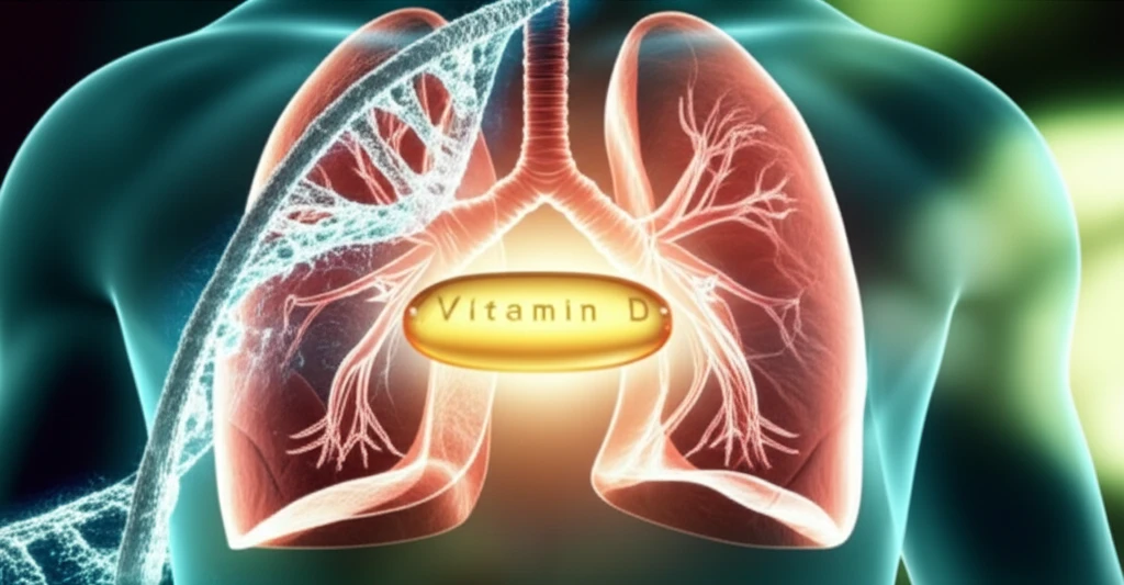 Illustration of healthy lungs intertwined with DNA strands and a vitamin D capsule, representing the connection between genes, vitamin D, and lung health.