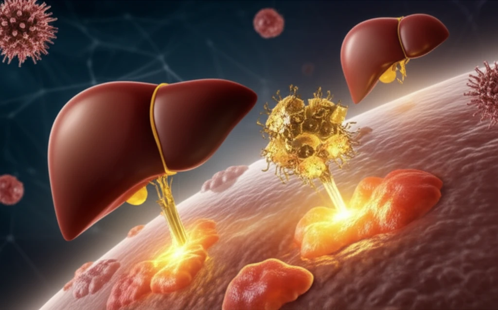 Illustration depicting a microscopic view of liver cells, symbolizing the fight against liver cancer and innovative treatment approaches.