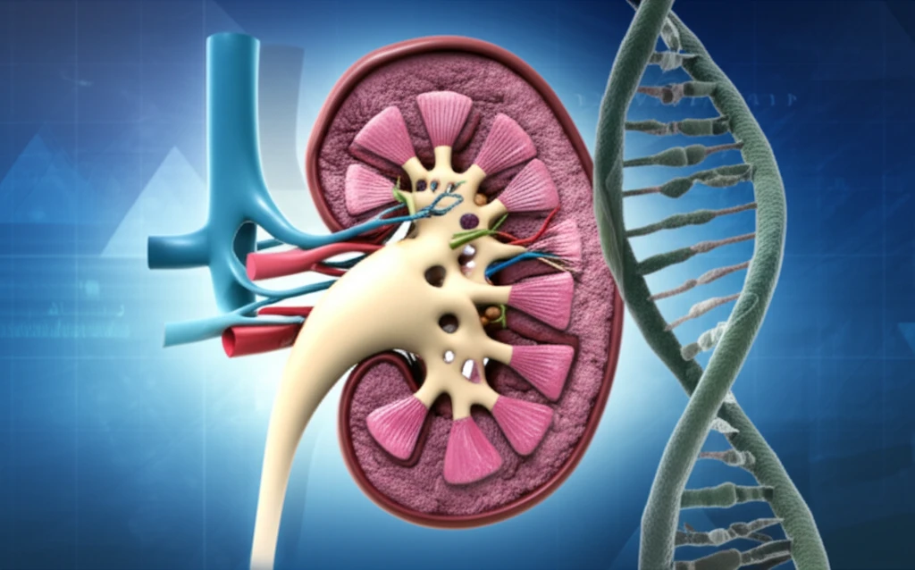 Illustration of DNA strands intertwining with a kidney, representing the relationship between genetics and kidney health in diabetic nephropathy.