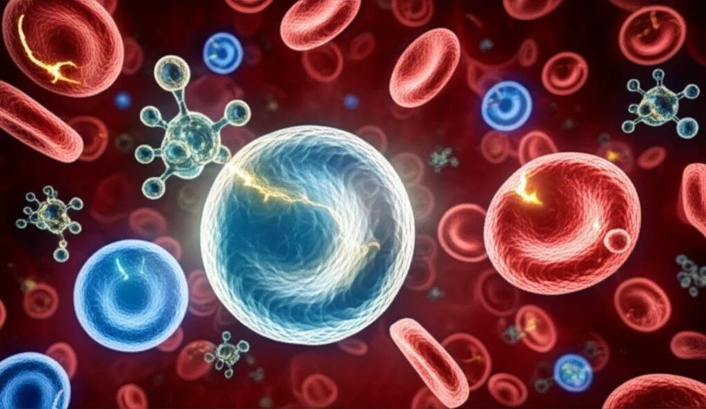 Digital illustration depicting the impact of benzene exposure on blood cells, symbolizing hematotoxicity and metabolic disruption.