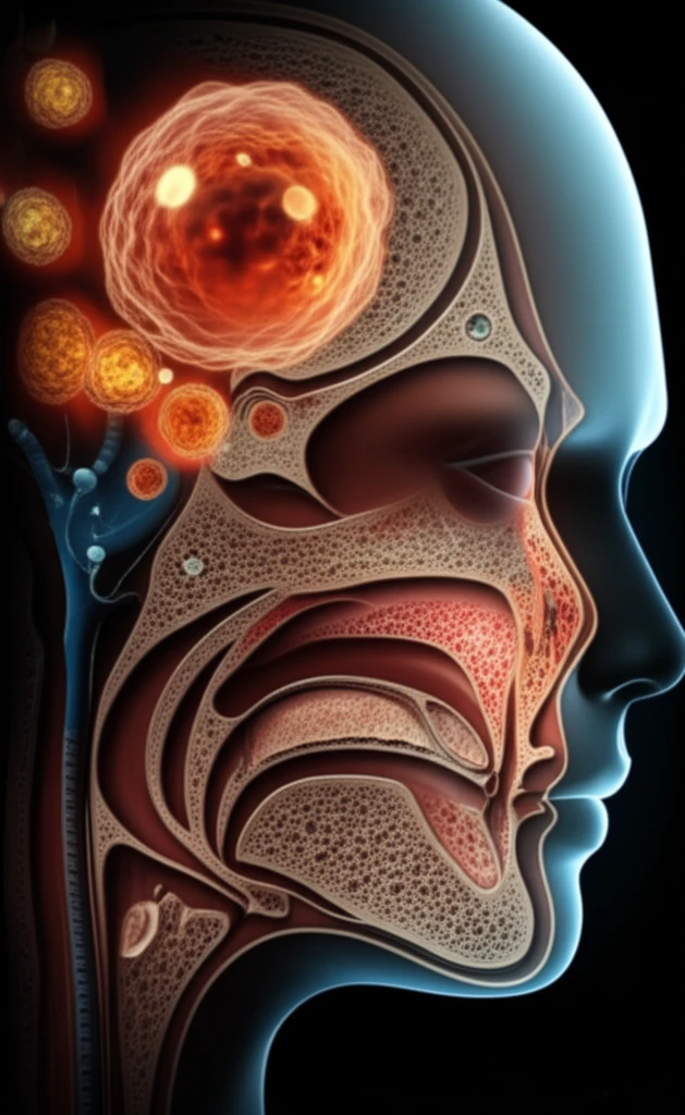 Digital illustration depicting the nasal cavity and sinuses affected by Nasal NK/T-Cell Lymphoma, with a focus on the disease's internal impact and the hope for effective treatment.