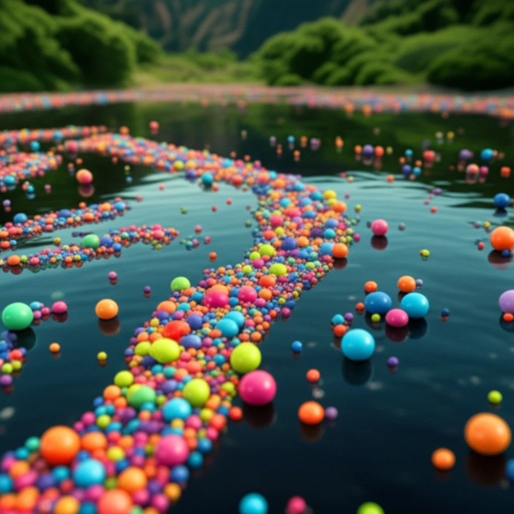 A digital illustration depicting water pollution caused by plastic microbeads, highlighting the environmental impact and the need for action.
