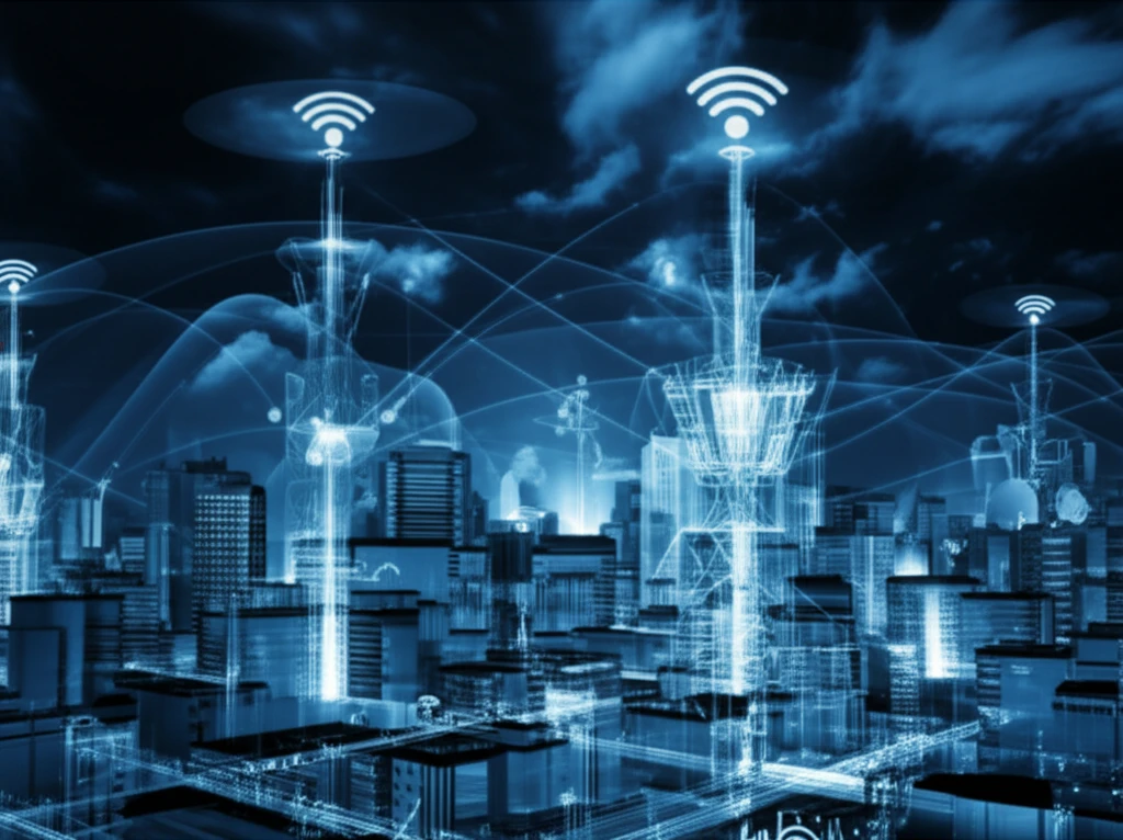 Futuristic cityscape with data streams representing Wi-Fi signal flow and advancements in wireless technology.