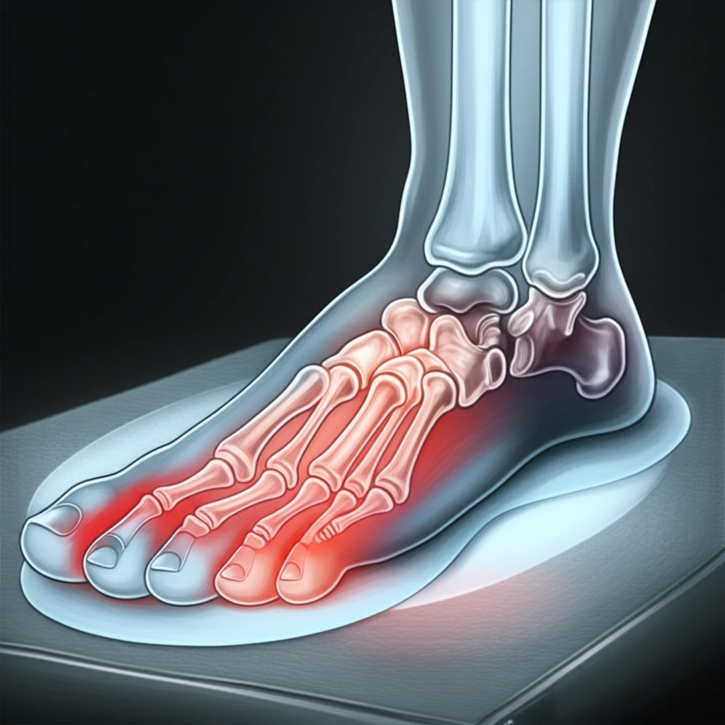 Illustration of a foot on a force plate, representing rheumatoid arthritis and foot pressure.