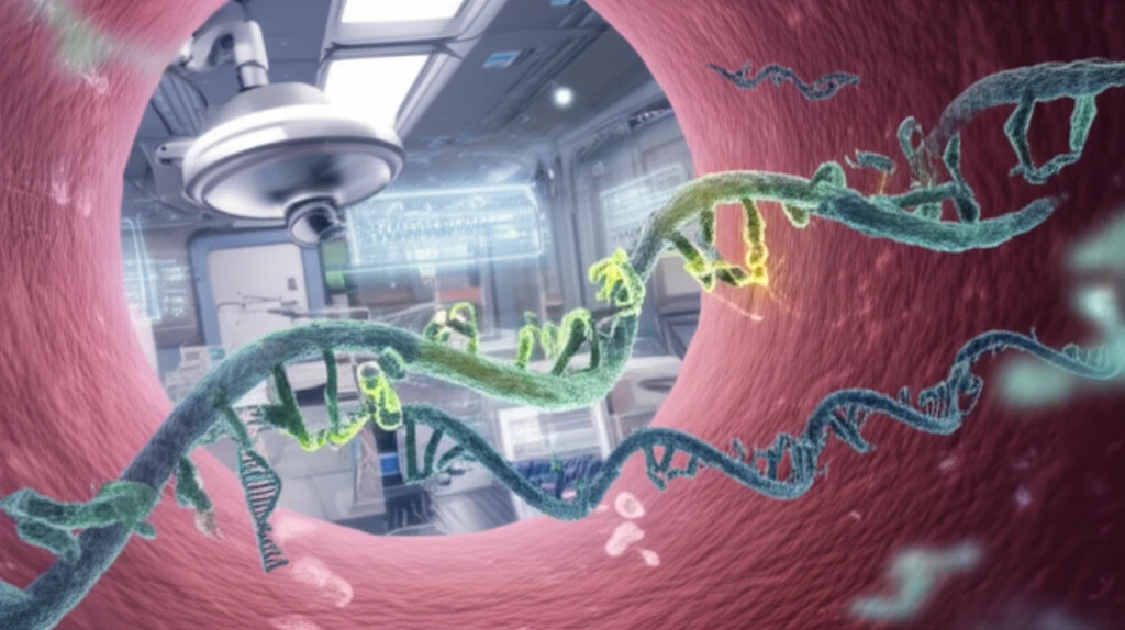 Illustration of a blood vessel with glowing DNA strands, representing ctDNA, in a futuristic lab setting.