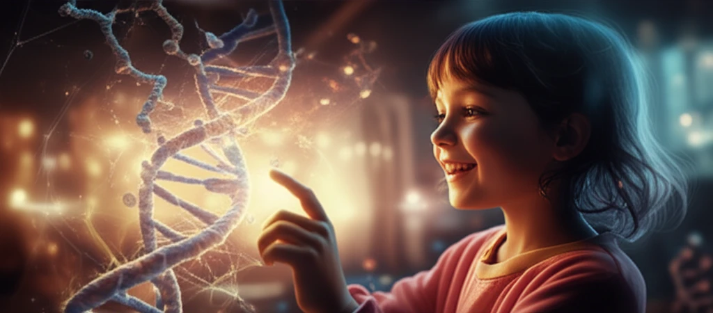 Illustration of a child interacting with the NKAIN2 gene, symbolizing hope in cancer research.