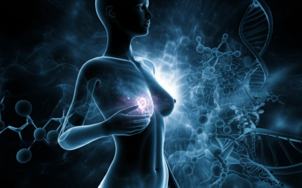 A surreal digital illustration representing women's health, featuring vaginal health and breast cancer treatment.