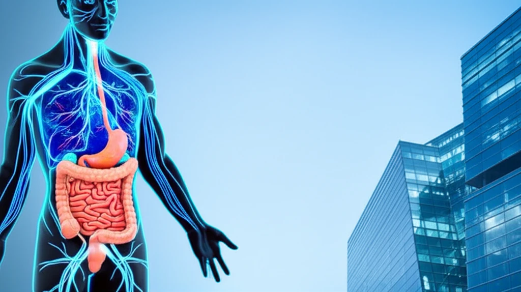Illustration of the human digestive system with a healthy gut microbiome.