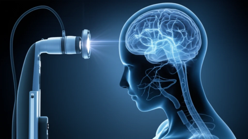Illustration of TMS machine and the human brain with neural pathways.