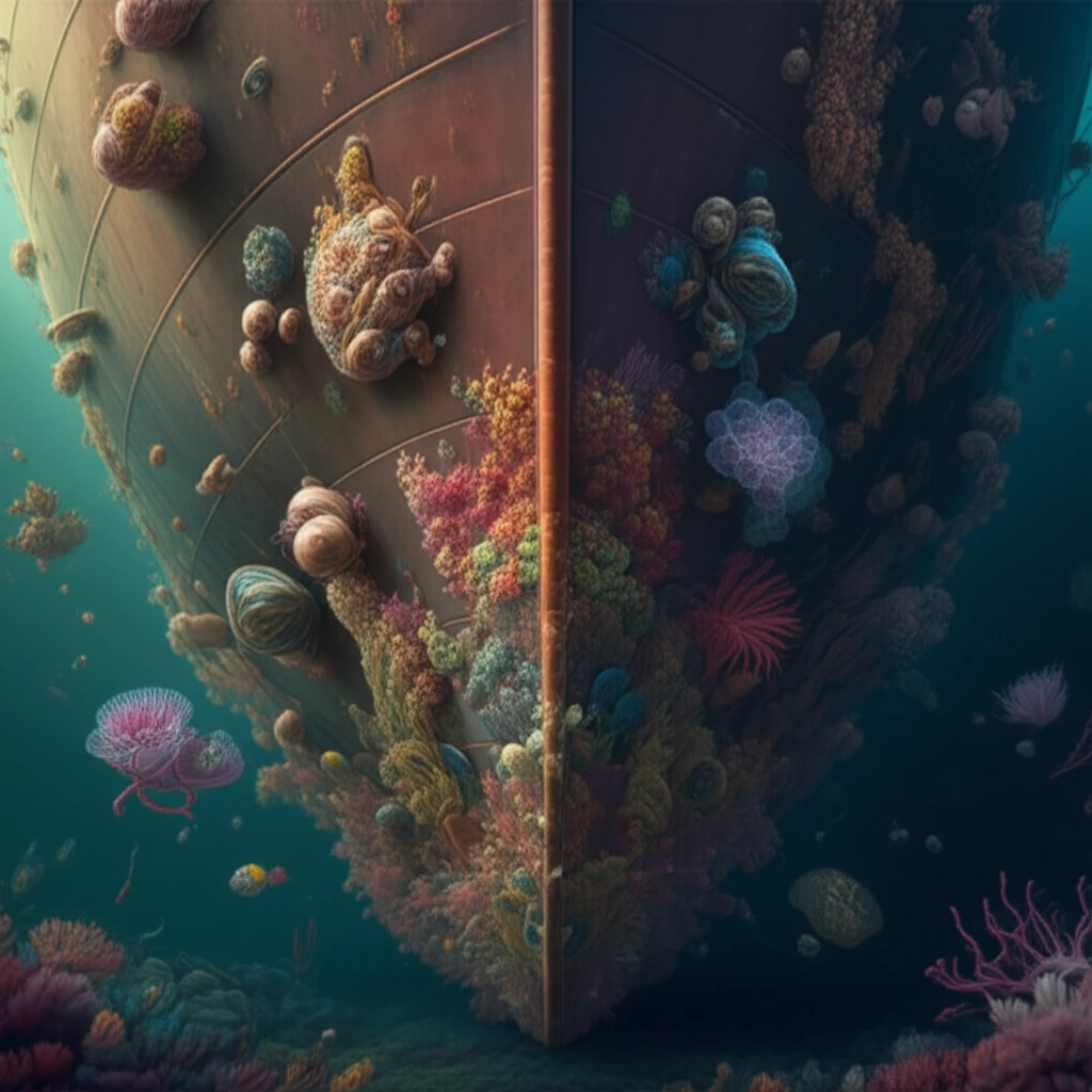 Digital illustration depicting a ship hull covered in sea life, showing the effects of biofouling.