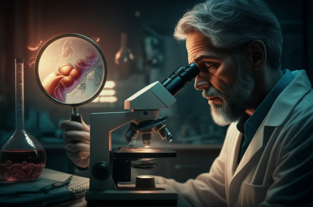Digital illustration of a man using a microscope, symbolizing the study of alcohol's impact on health.