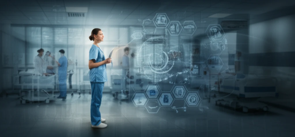 A digital illustration of a nurse illuminated by a beam of light, symbolizing ethical guidance in a hospital setting.