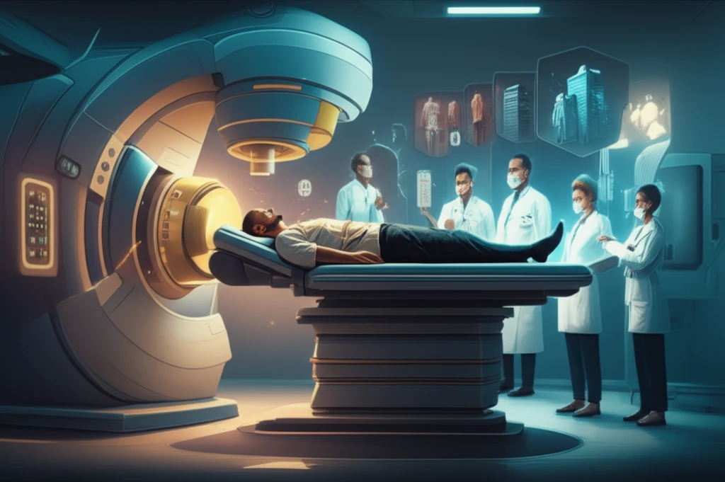 Illustration of a patient undergoing radiation therapy with related health considerations.