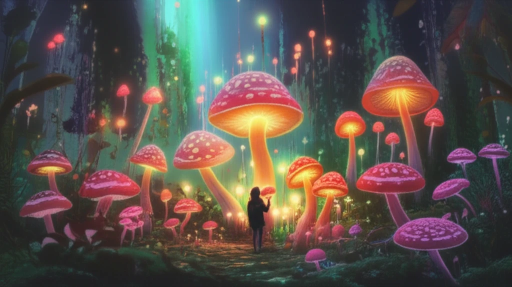Illustration of a person in a forest, surrounded by glowing mushrooms.