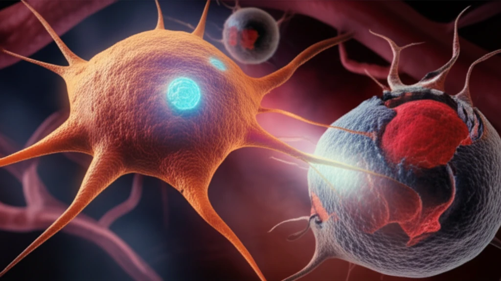 Illustration of a Natural Killer cell attacking a cancer cell, highlighting the immune system's battle against disease.