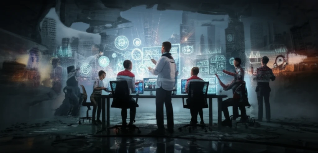 Digital illustration depicting emergency responders working together with cutting-edge technology during a crisis.