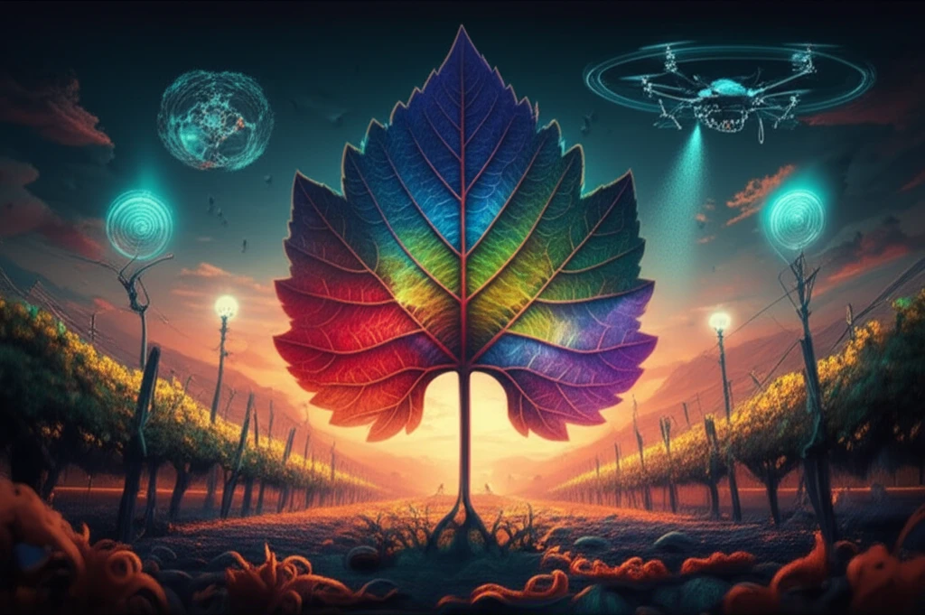Illustration of a grapevine leaf with glowing spectral colors, symbolizing hyperspectral imaging, with a futuristic vineyard in the background.