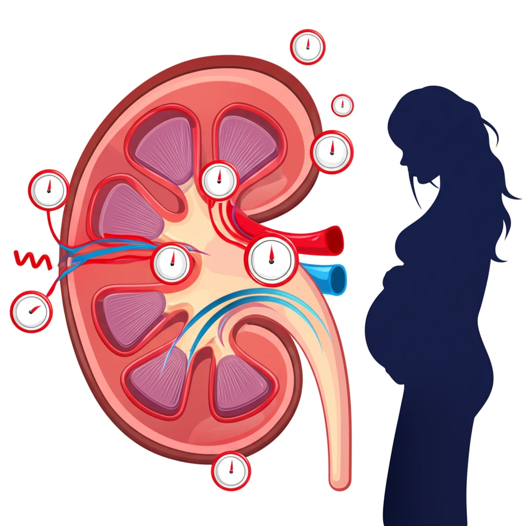 Illustration showing the connection between preeclampsia and kidney health, featuring podocytes, high blood pressure symbols, and a pregnant woman.