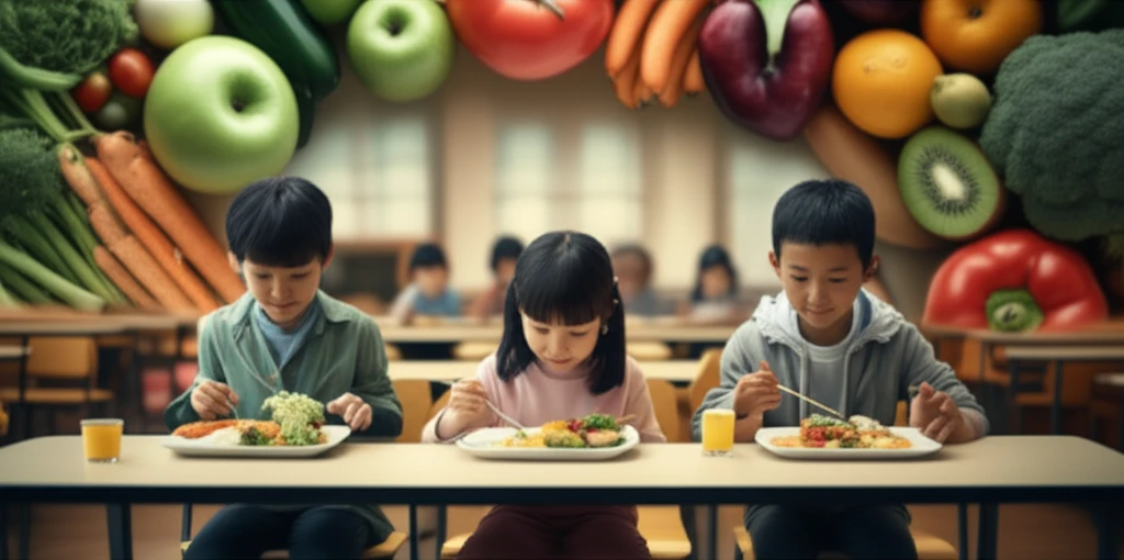 Illustration of organic food in school, showing children eating healthy meals