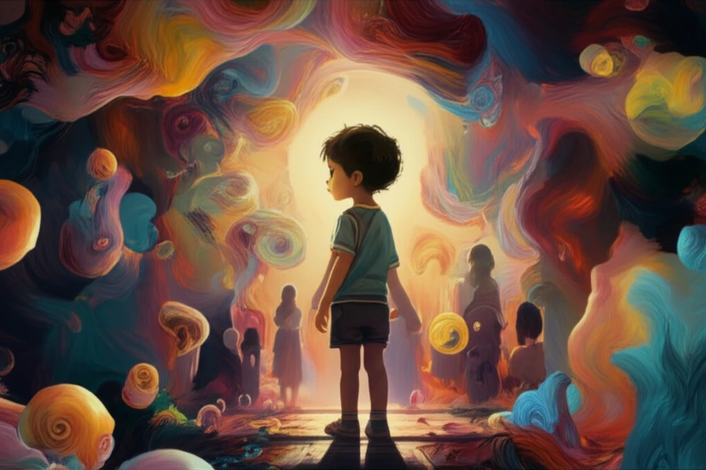 Illustration of a child surrounded by emotional patterns, symbolizing the impact of parental mental health.