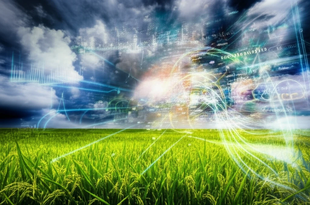 Illustration of a rice field with data streams and weather patterns, representing crop forecasting.