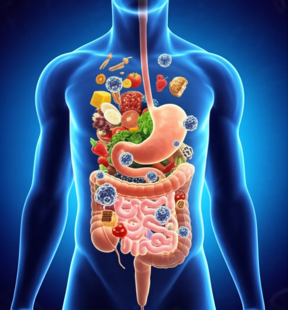 A digital illustration depicting the human digestive system transformed into a colorful food landscape, highlighting interactions between food components and friendly nanoparticles.