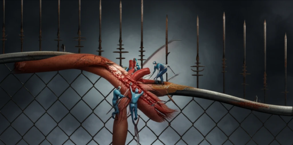 Illustration of a vascular injury caused by a metal fence, highlighting the complexities of medical intervention.