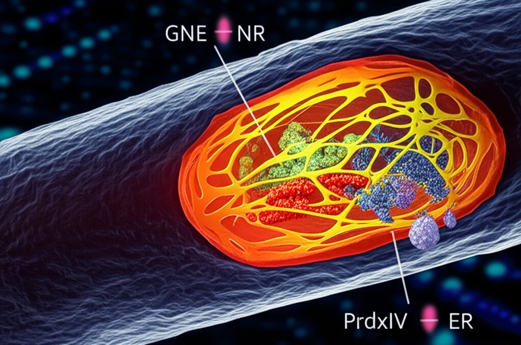 Illustration of a muscle fiber cell with an affected ER network due to GNE myopathy.