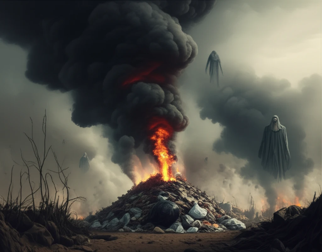 Illustration of open waste burning contributing to air pollution and environmental damage in rural Mexico.