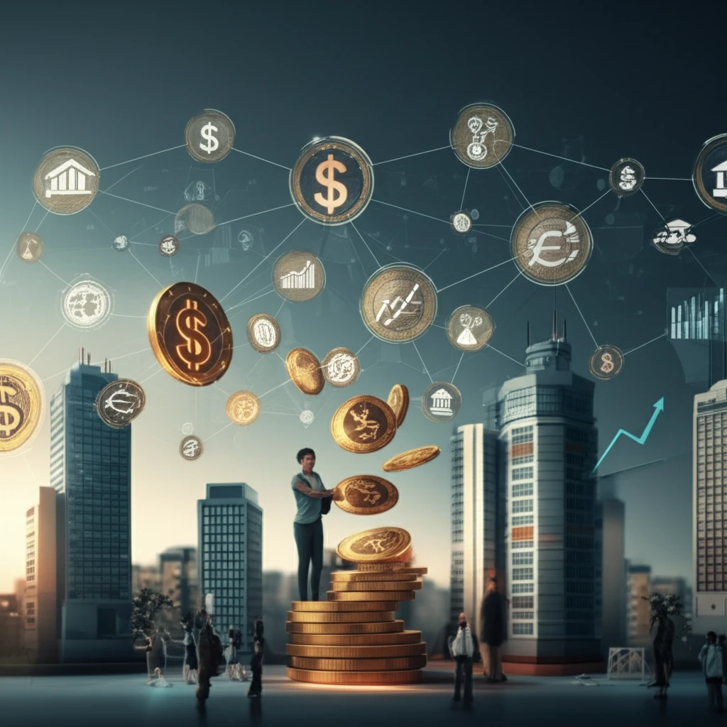 Illustration depicting a diverse community interacting with financial symbols, representing microfinance and financial inclusion.