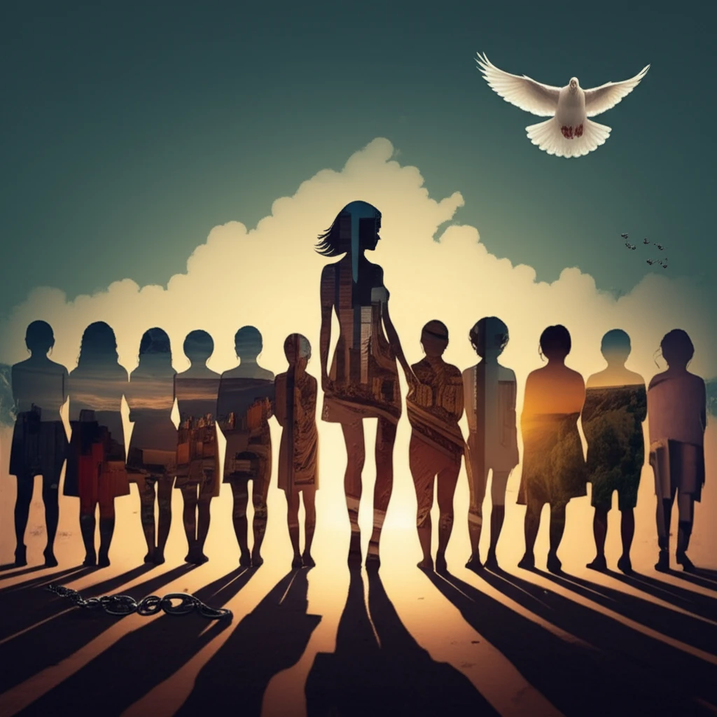 A powerful visual representation of solidarity and the fight against femicide, featuring a diverse group of women united against the darkness of gender-based violence