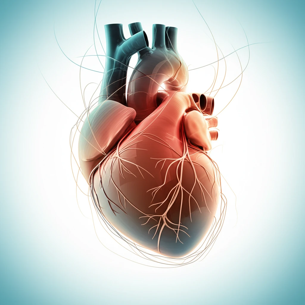 A heart surrounded by light and threads representing health factors and recovery.